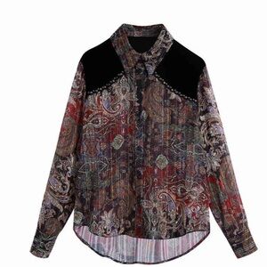 ZARA BUTTON DOWN TOP STUDDED VELVET WOMENS MEDIUM NEW WITH TAGS